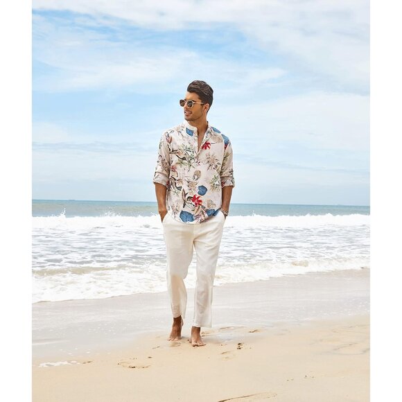 Men's Khaki Floral Cotton Linen Henley T-shirt Long Sleeve Casual Beach Button - Picture 3 of 8